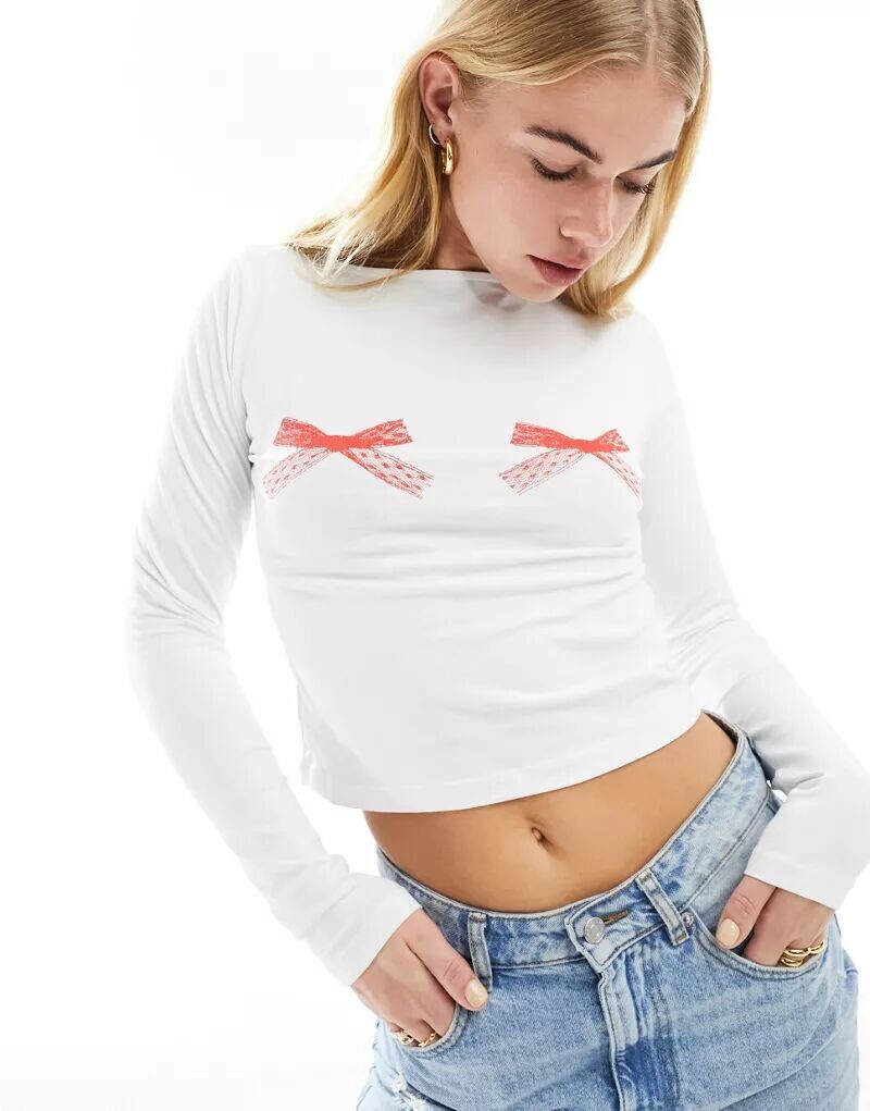 

Белый топ с длинными рукавами и бантом ASOS