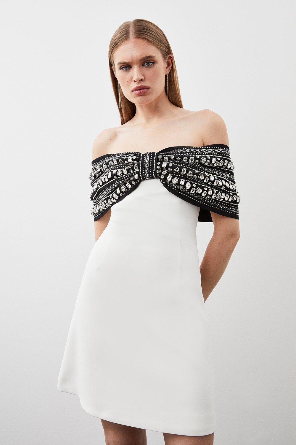 

Тканое мини-платье с кристаллами и бантом Karen Millen, белый