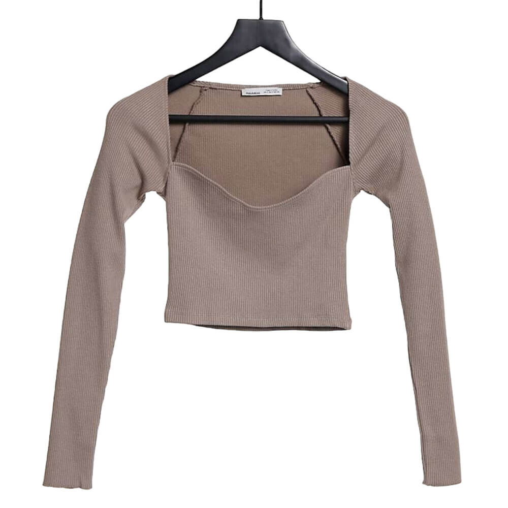 

Топ Pull&Bear Long Sleeve With Corset Detail Neckline, серо-коричневый