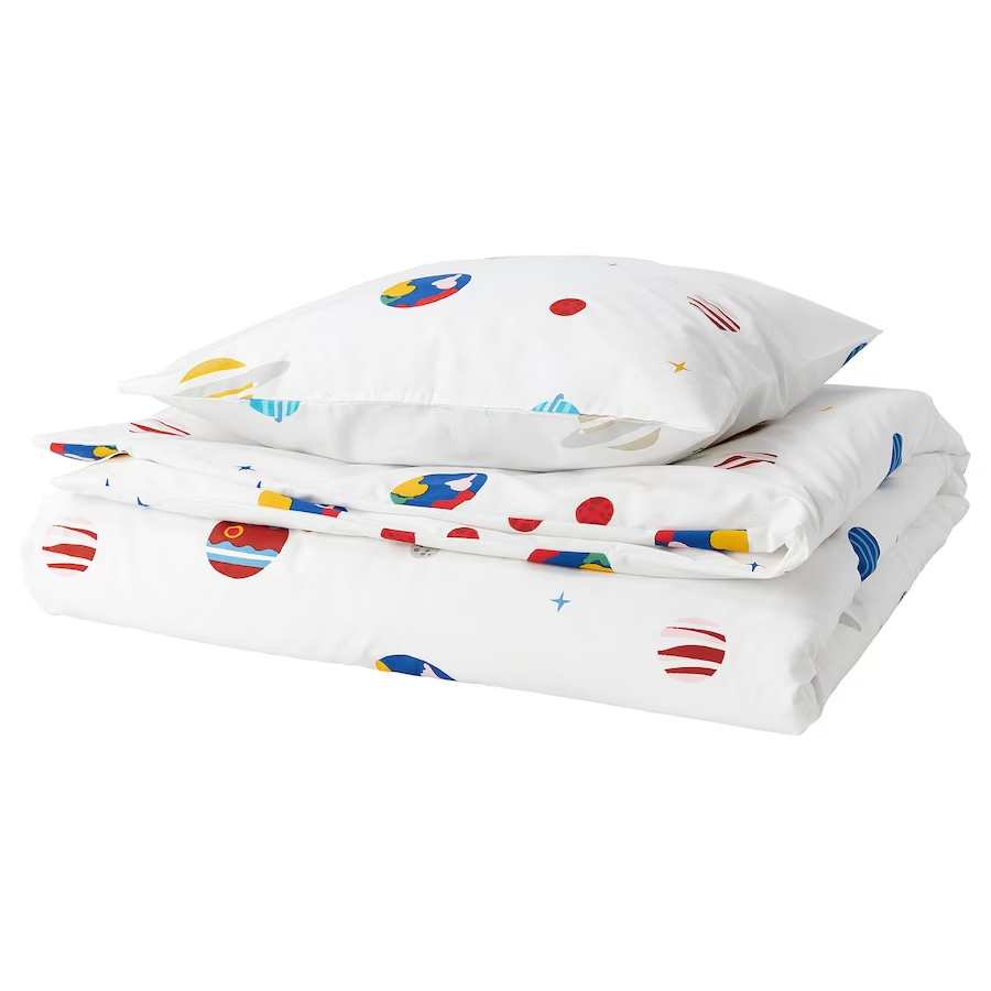 Комплект детского постельного белья Ikea Aftonsparv Space, 2 предмета, 150x200/50x60 см, белый/мультиколор