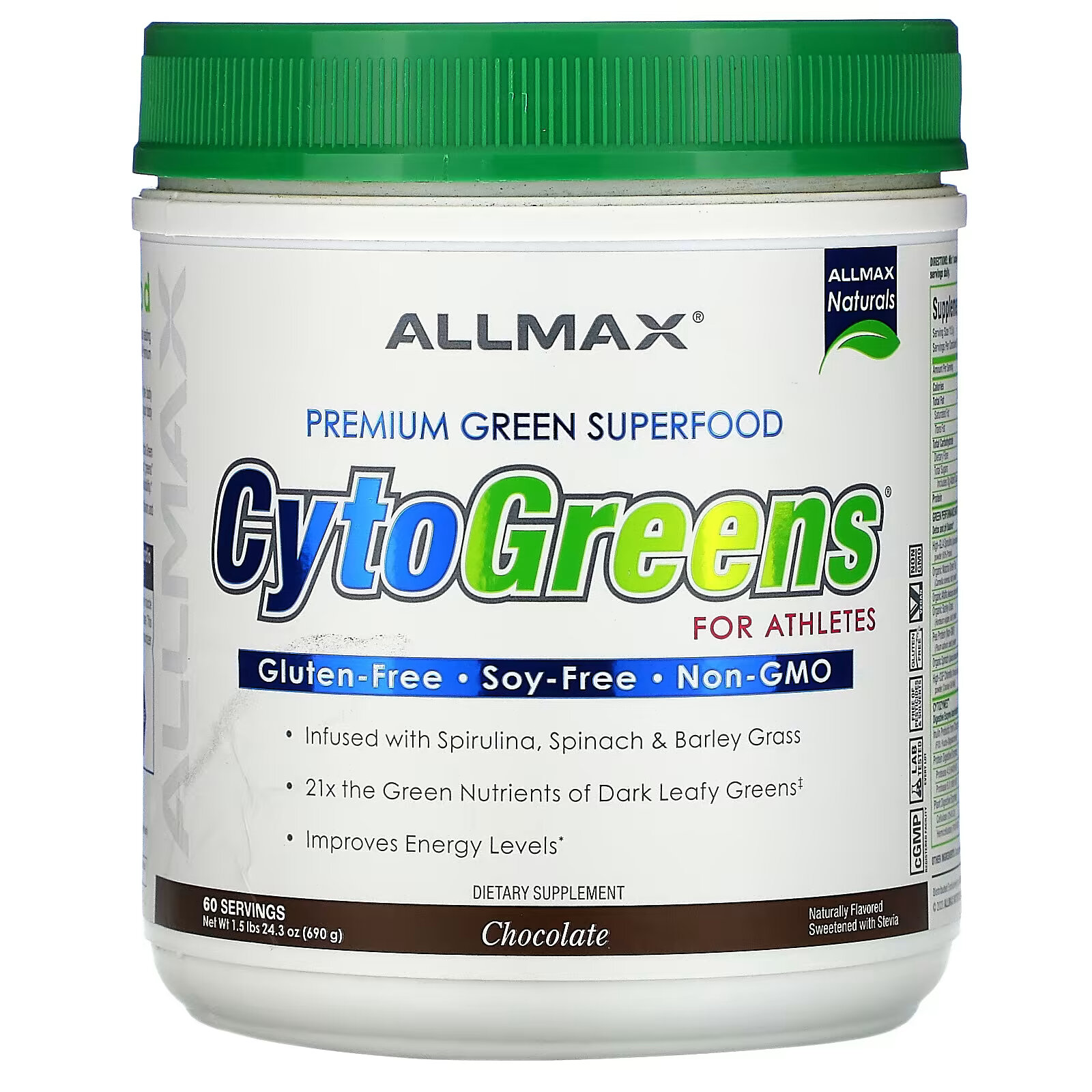 ALLMAX, CytoGreens, зеленый суперфуд премиального качества для спортсменов, шоколад, 690 г (1,5 фунта) allmax cytogreens для спортсменов шоколад 345 г 12 2 унции