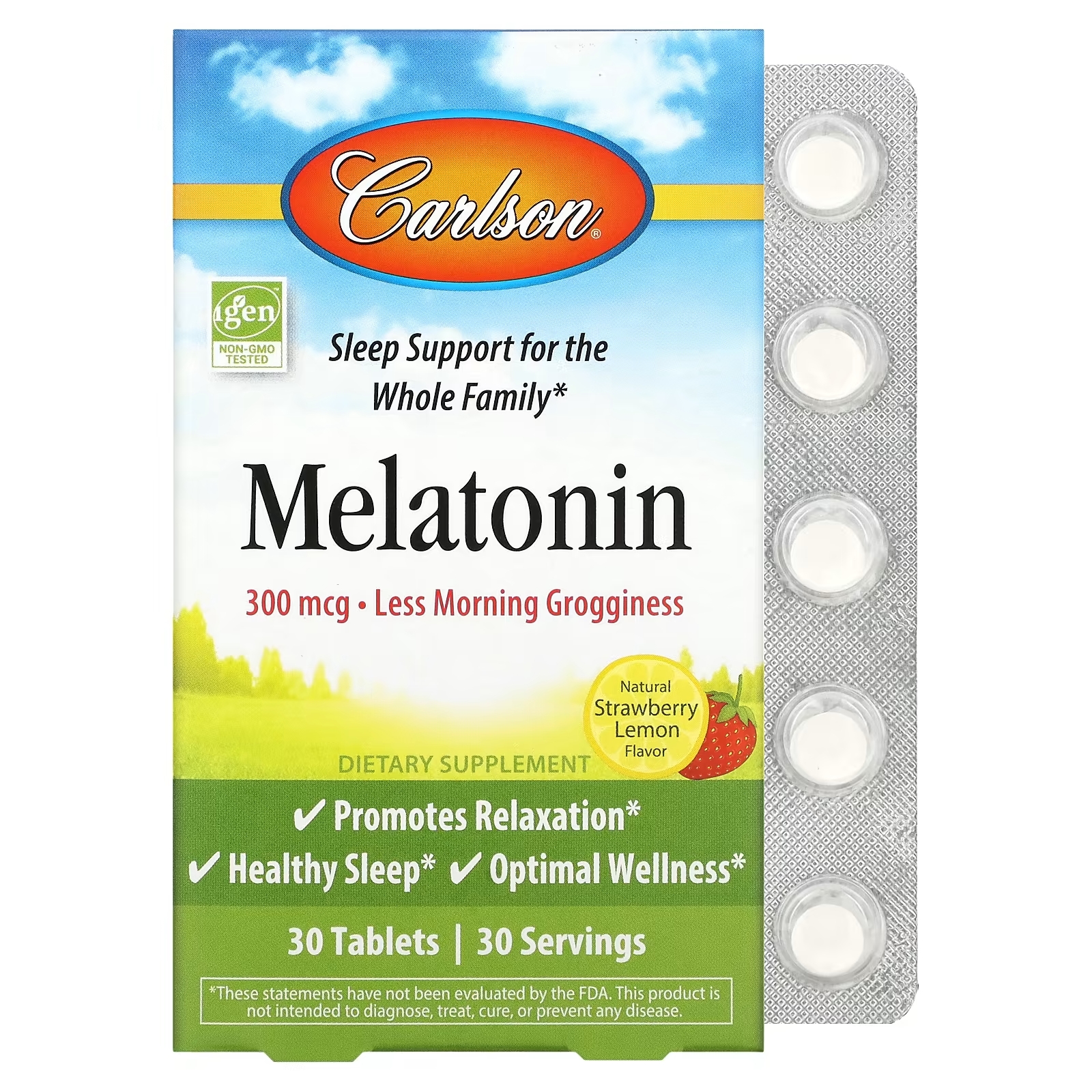 Мелатонин Натуральный Carlson, клубнично - лимонный, 30 таблеток