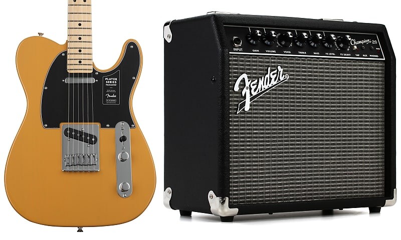 

Fender Player Telecaster — ирисовая блондинка с кленовой накладкой на гриф в комплекте с Fender Champion 20 1x8 дюймовый 20-ваттный комбоусилитель 2330200000=1 0145212550=1