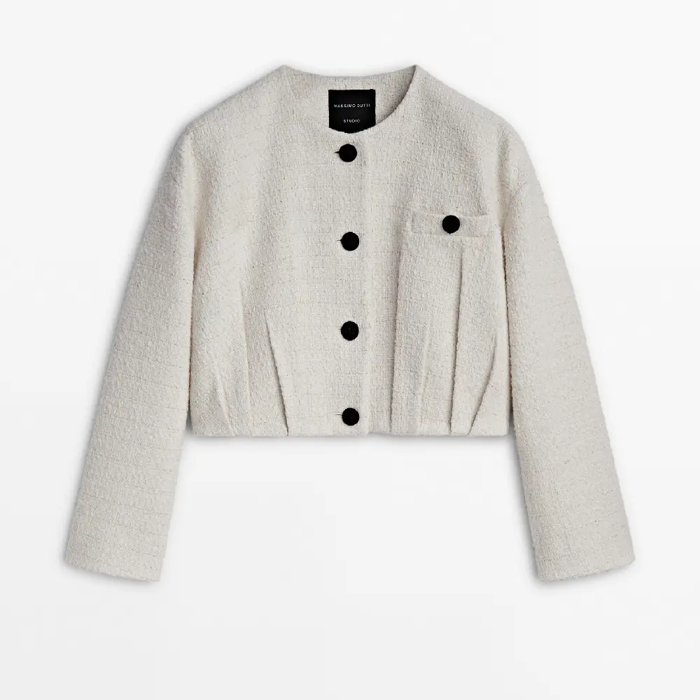 куртка zara textured cropped черный белый Куртка Massimo Dutti Cropped Textured Bomber - Studio, кремовый