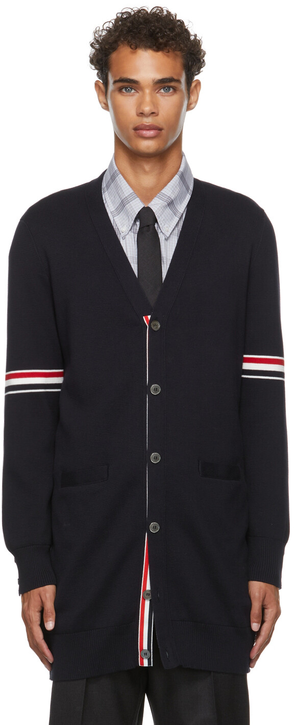 

Темно-синий длинный кардиган с миланской стежкой Thom Browne
