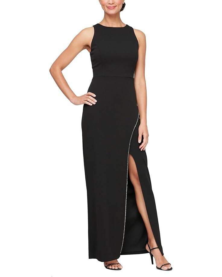 

Платье Alex Evenings Long Crepe Column with Rhinestone Trim Front Slit, черный