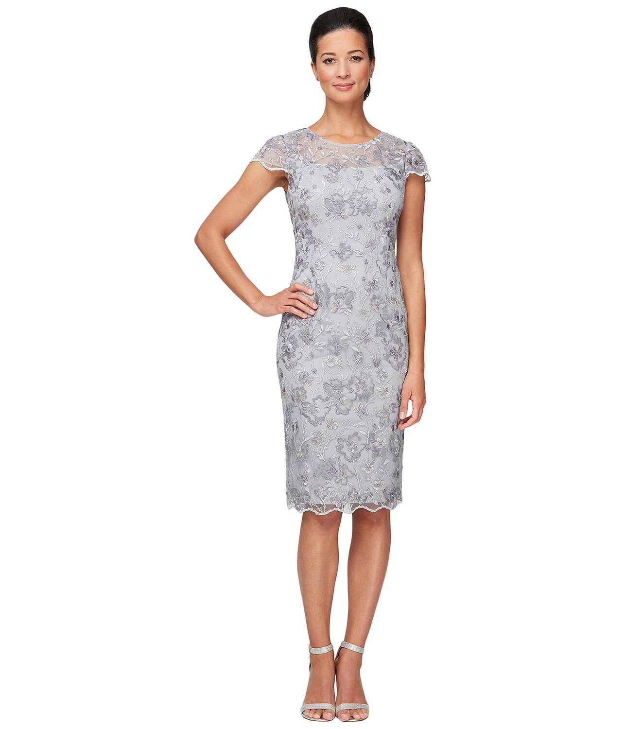 

Платье Alex Evenings, Short Embroidered Sheath Dress with Illusion Neckline and Scallop Detail