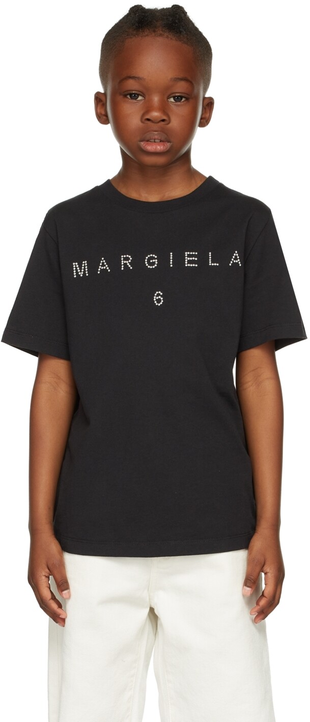 

Детская черная футболка с логотипом и заклепками MM6 Maison Margiela