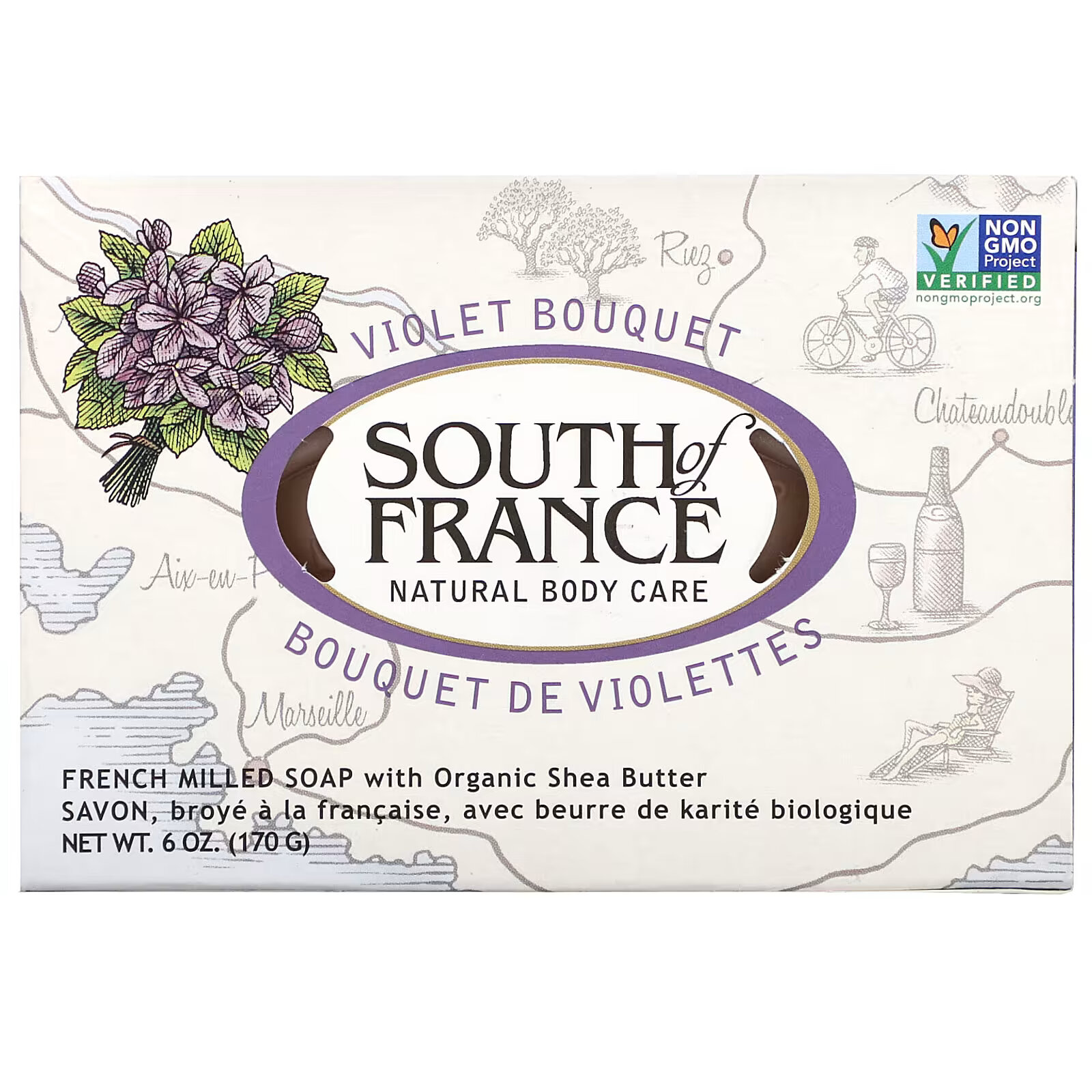 South of France, кусковое мыло французского помола с органическим маслом ши, с запахом букета фиалок, 170 г (6 унций)