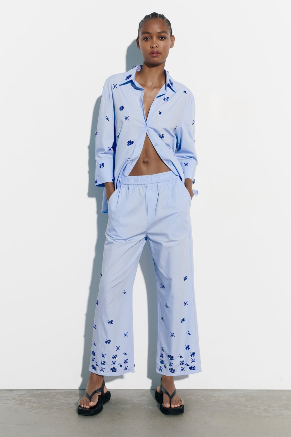 

Брюки из поплина со стразами ZARA, синий