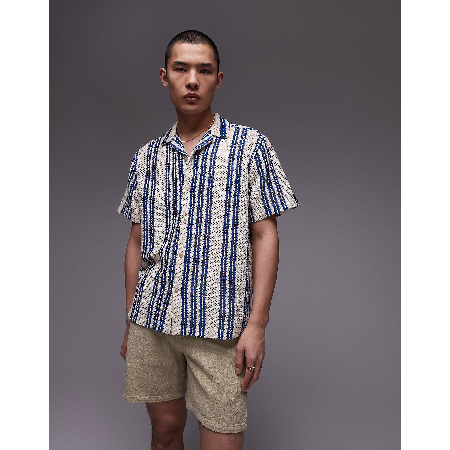 полосатая рубашка стандартного кроя из хлопковой пряжи Рубашка Topman Short Sleeve Relaxed Striped Crochet, синий