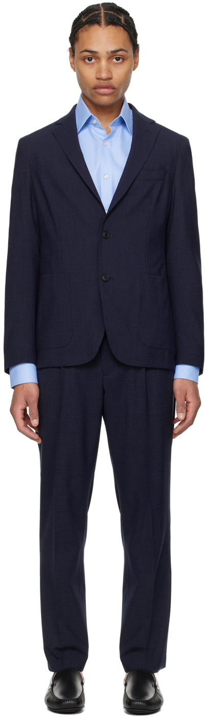 Темно-синий зауженный костюм Boss пиджак из смесовой шерсти uniqlo темно серый