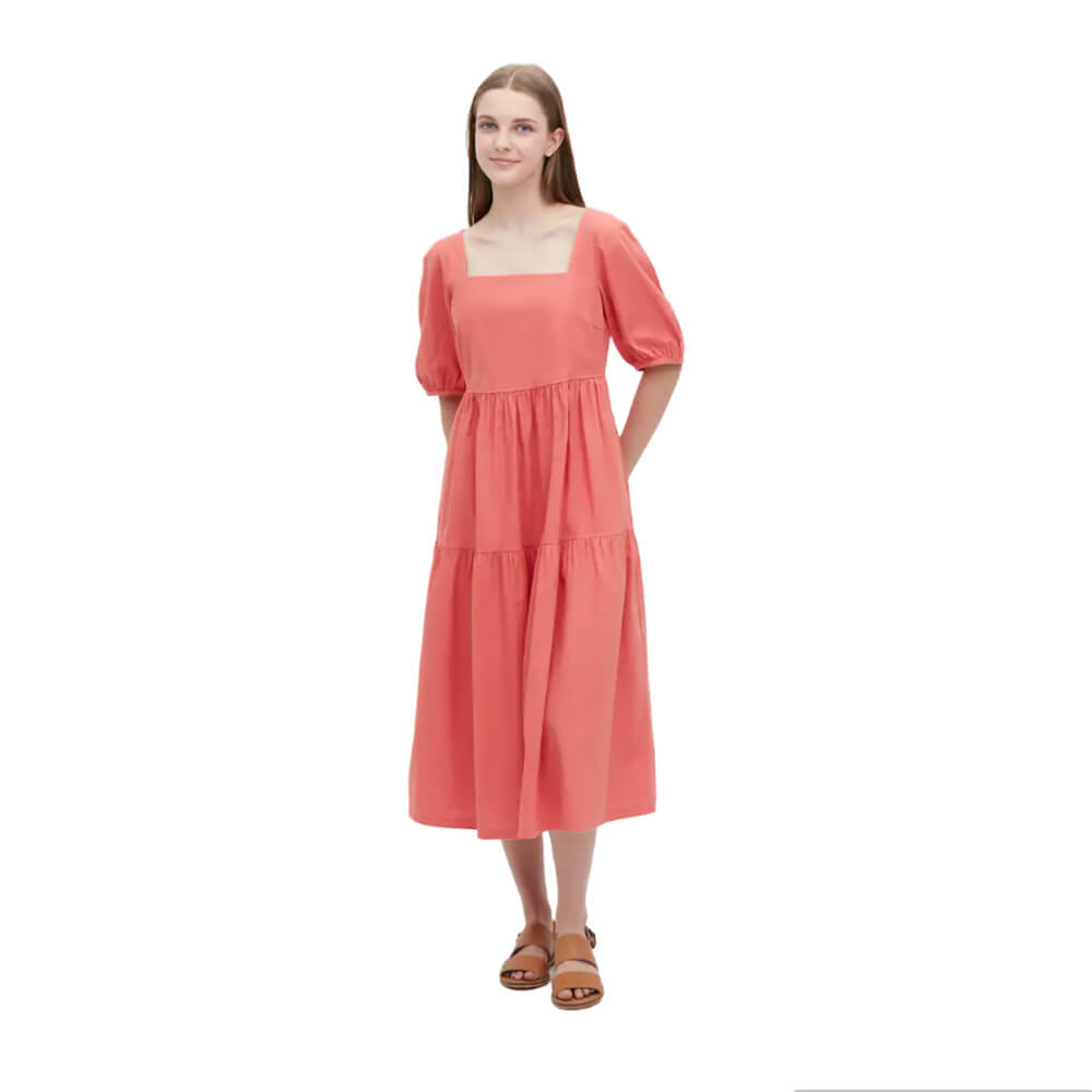 Платье Uniqlo Linen Blend Shirring Volume Sleeved, розовый