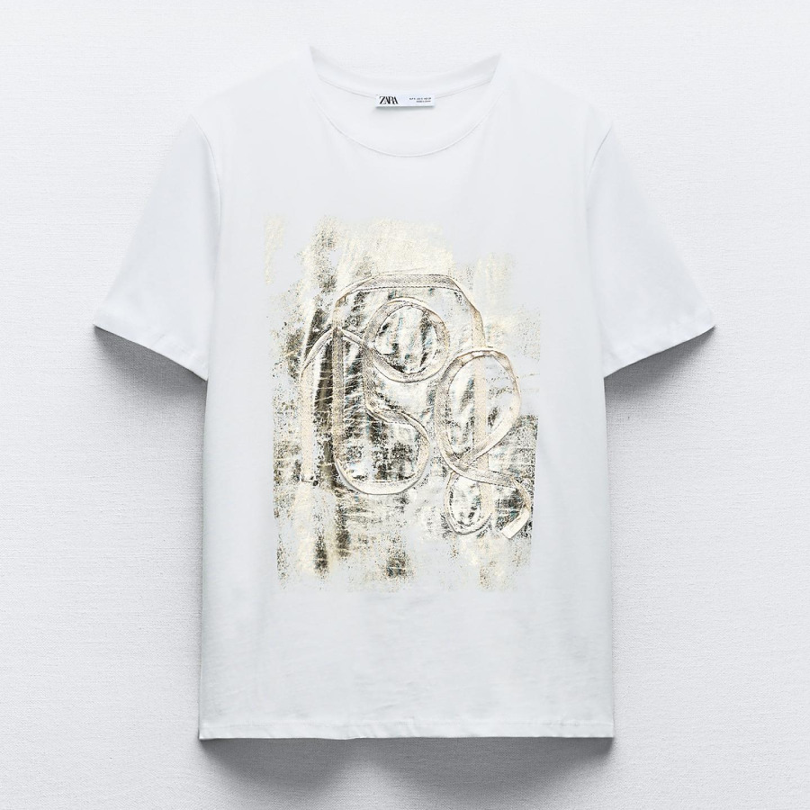 Футболка Zara Print With Foil Detail, белый футболка zara with rhinestone bralette detail белый