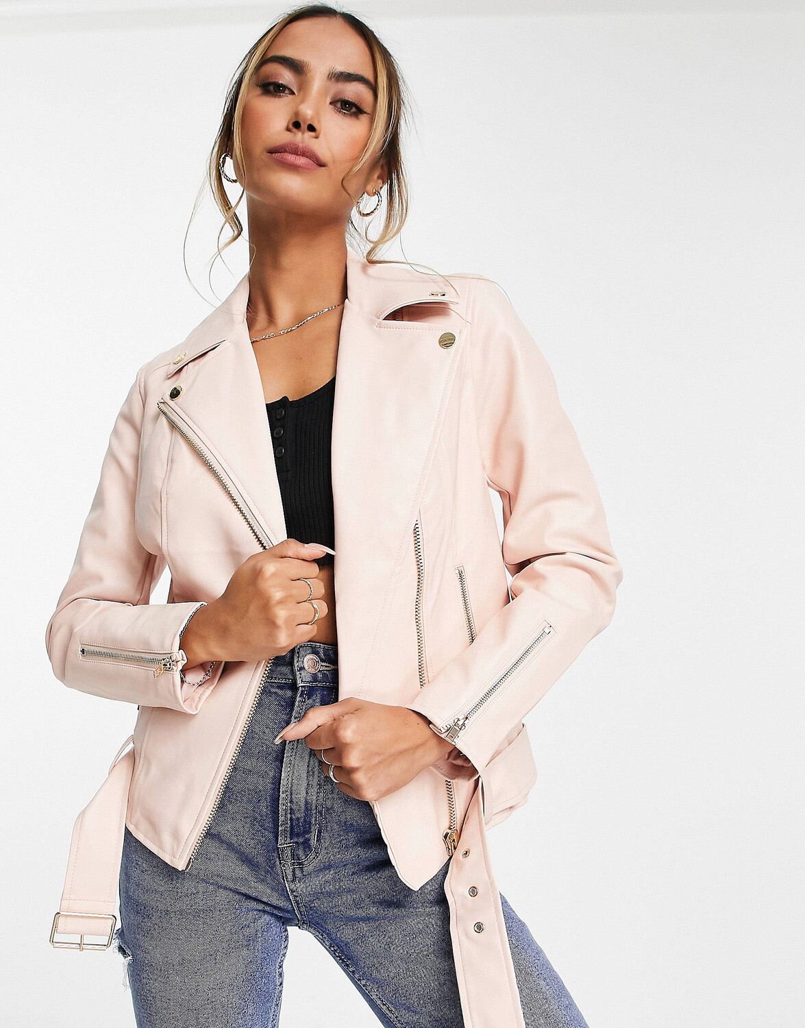 

Розовая объемная байкерская куртка из искусственной кожи Miss Selfridge, Розовый