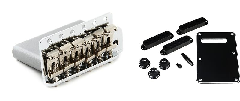 

Мост Fender American Vintage Strat Tremolo в сборе — хромированный комплект с комплектом аксессуаров Fender Stratocaster — черный 0991363000=1 0992049000=1