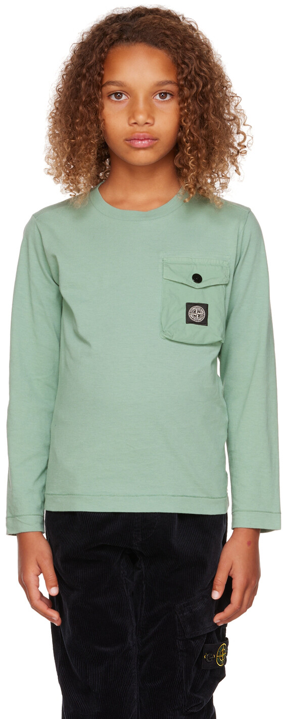 

Детская зеленая футболка с длинными рукавами и нашивками Stone Island Junior
