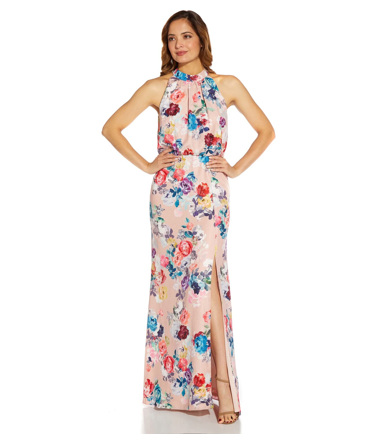 

Платье Adrianna Papell, Floral Satin Jacquard Halter Neck Gown