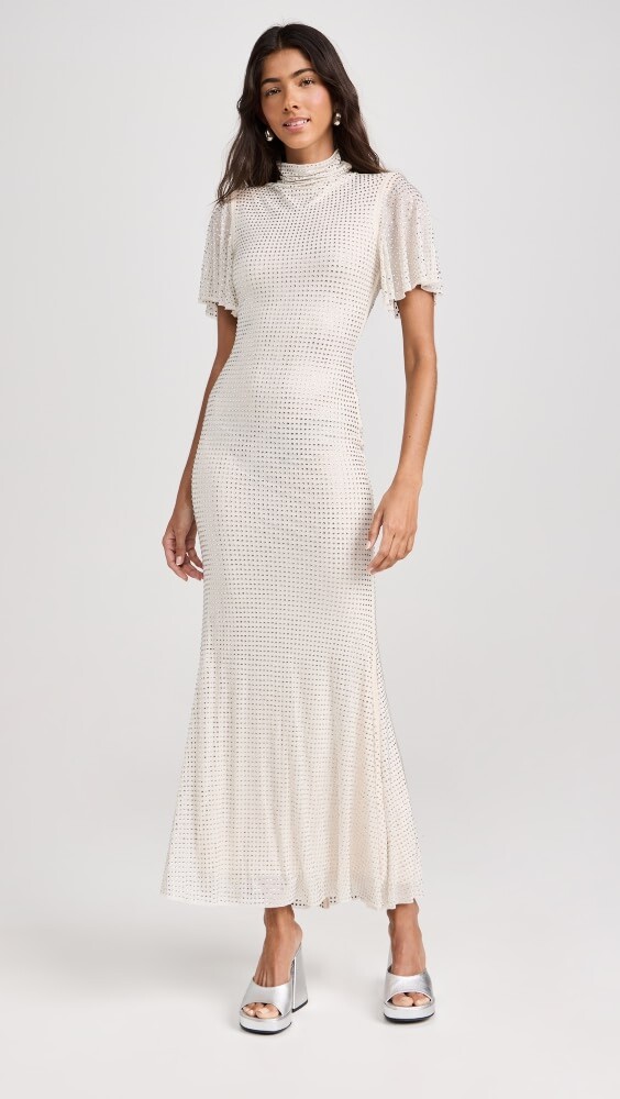 

Платье макси Self Portrait Cream Rhinestone Mesh, белый