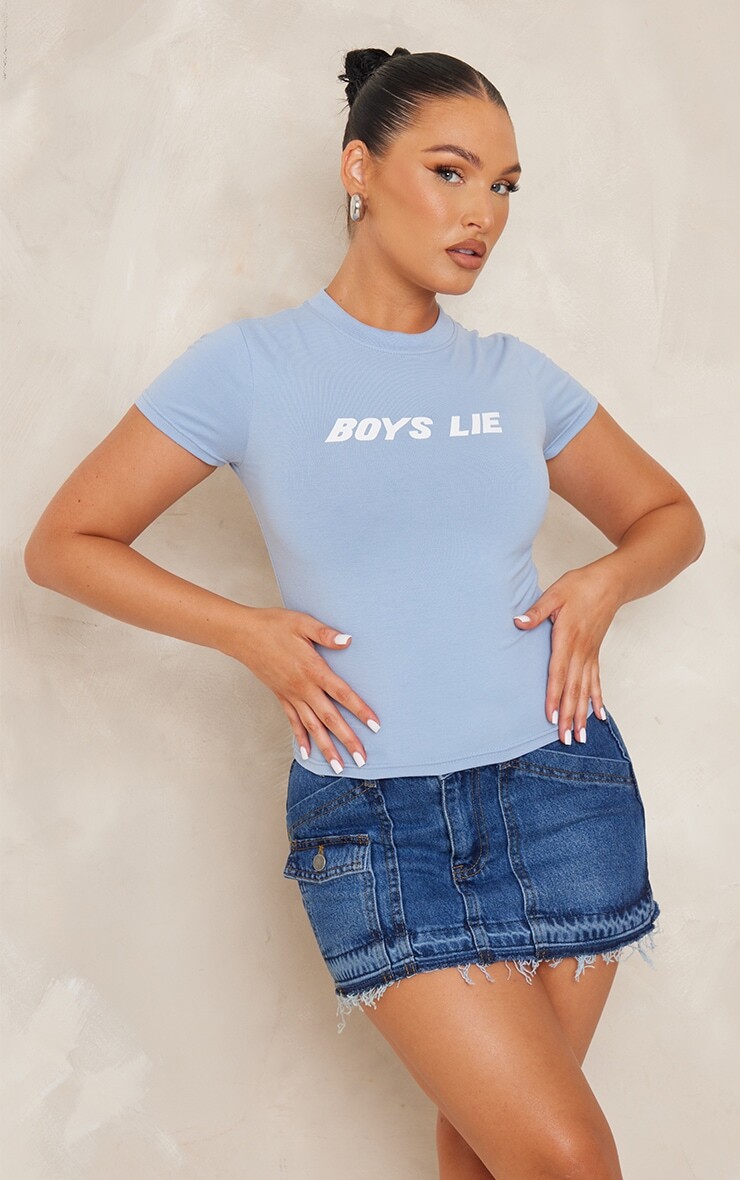 

PrettyLittleThing Длинная приталенная футболка с принтом лжи для мальчиков бледно-синего цвета, Синий