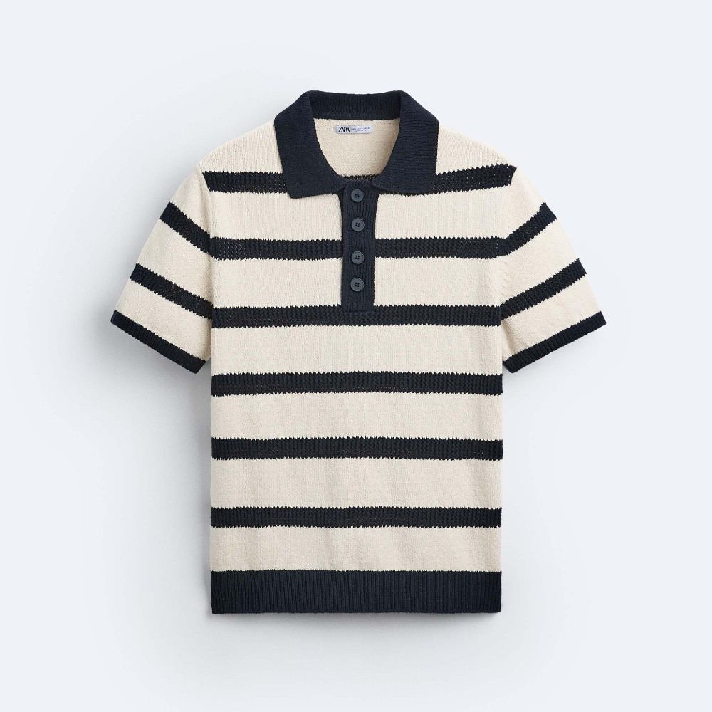 Футболка поло Zara Striped Knit, темно-синий/кремовый