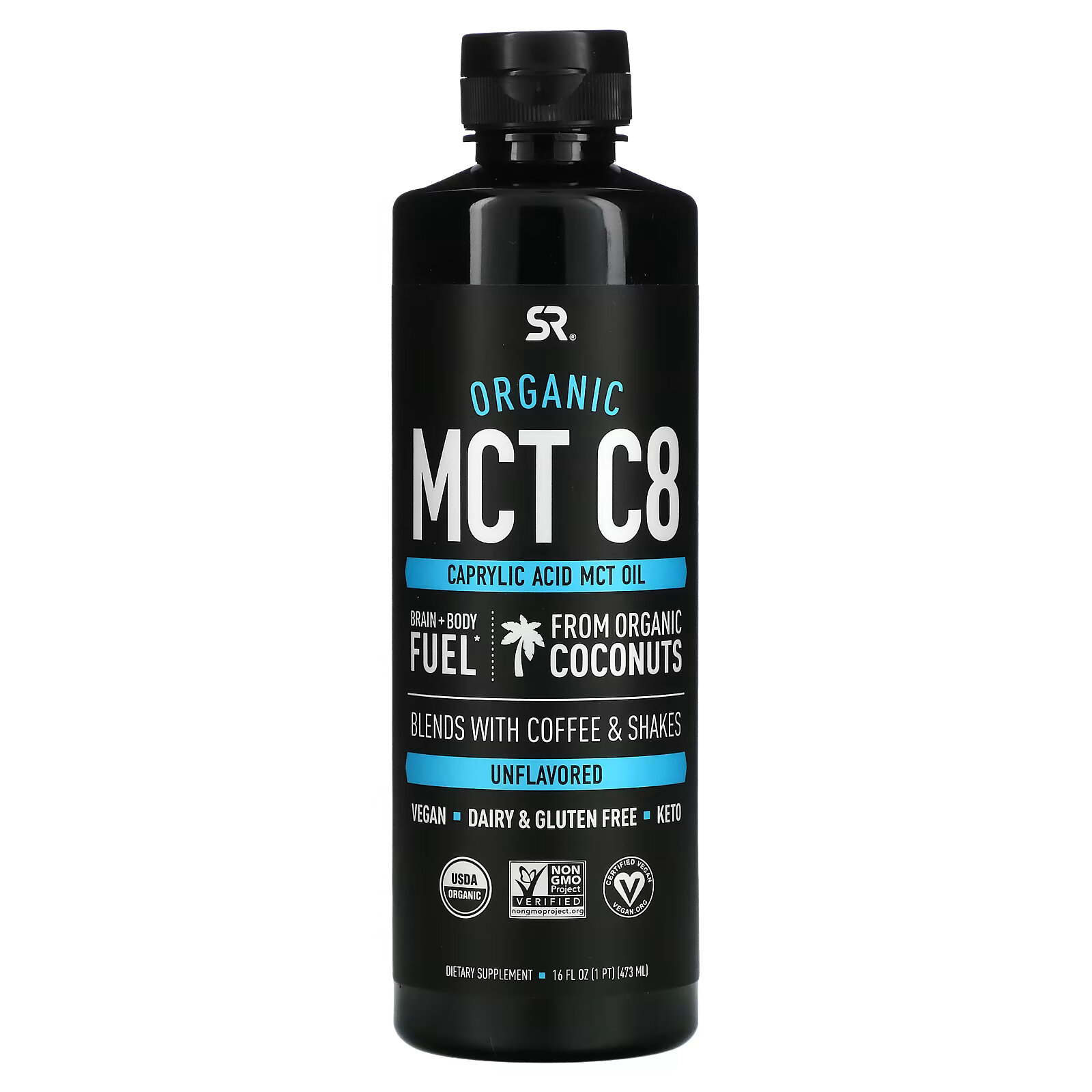 Sports Research, органическое масло MCT C8, с нейтральным вкусом, 473 мл (16 жидк. унций) фракционированное органическое кокосовое масло sports research 473 мл 16 fl oz