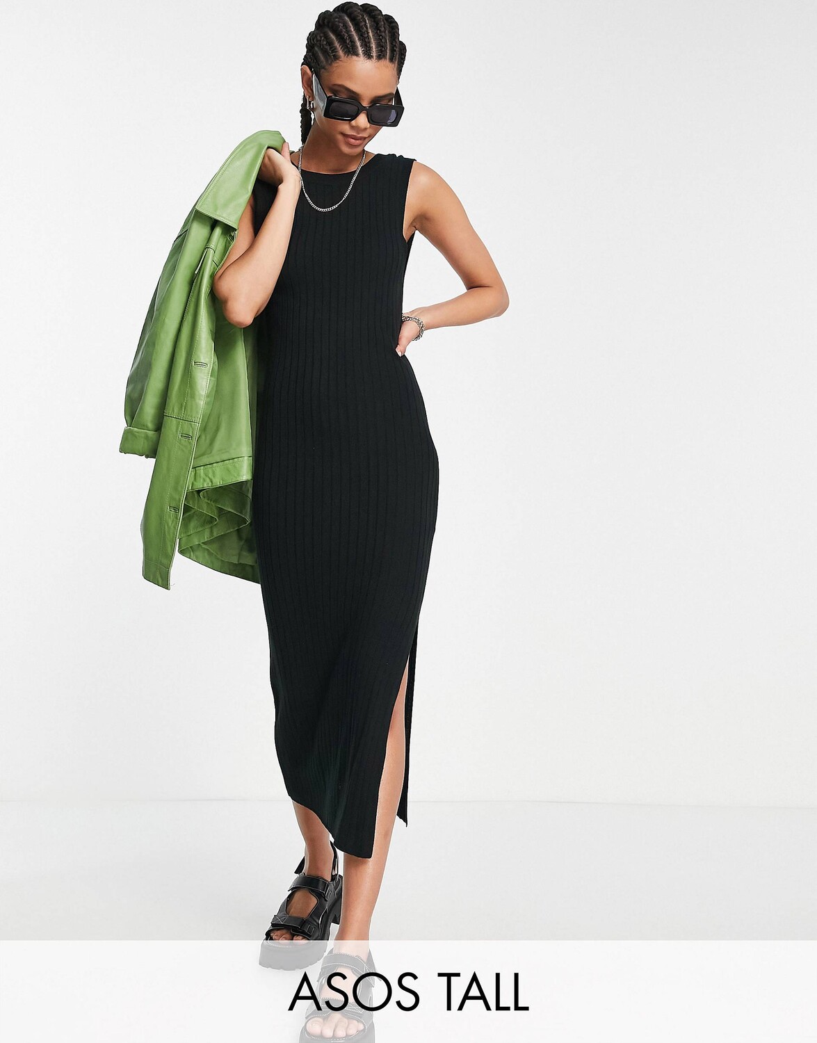 

Черное трикотажное платье макси в рубчик с глубоким вырезом на спине ASOS DESIGN Tall