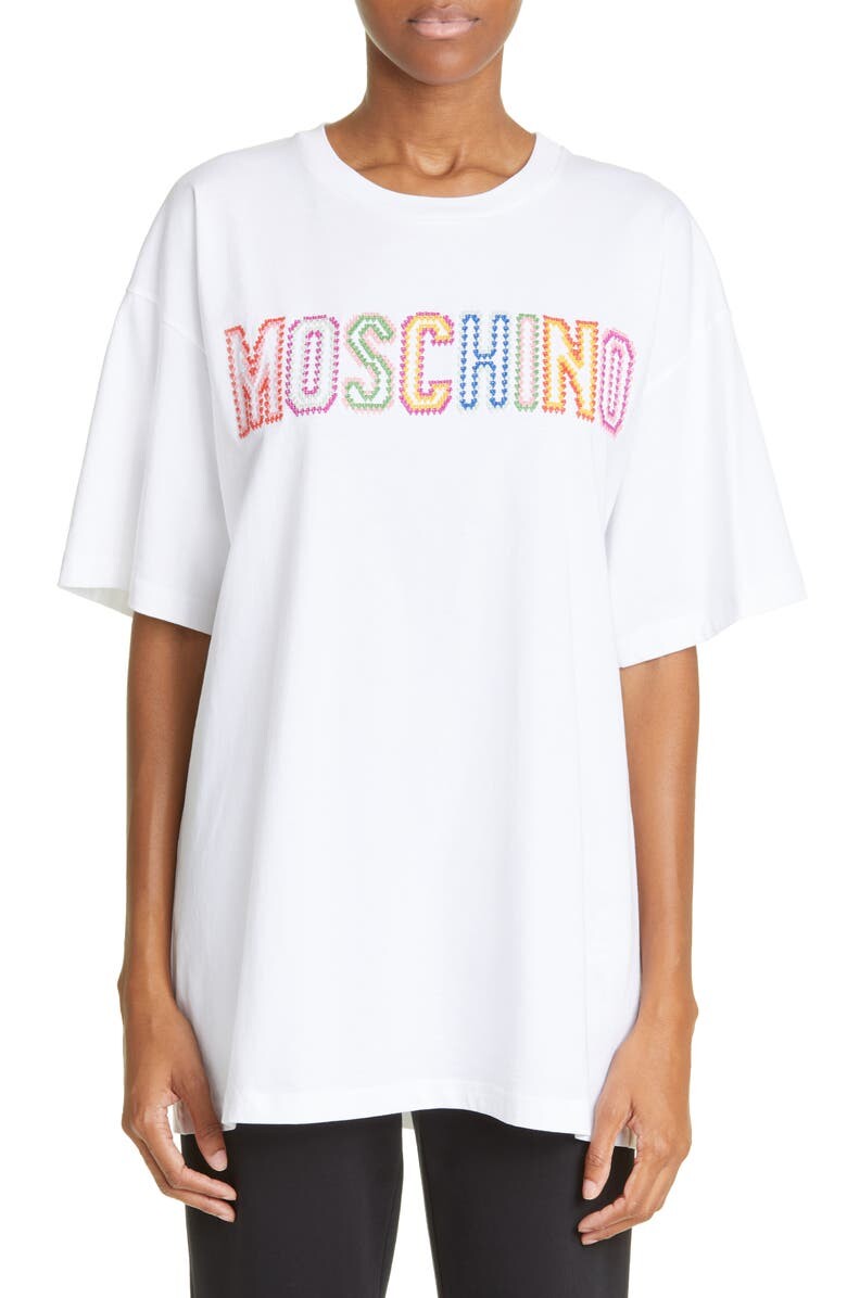 

Хлопковая футболка оверсайз с вышитым логотипом MOSCHINO