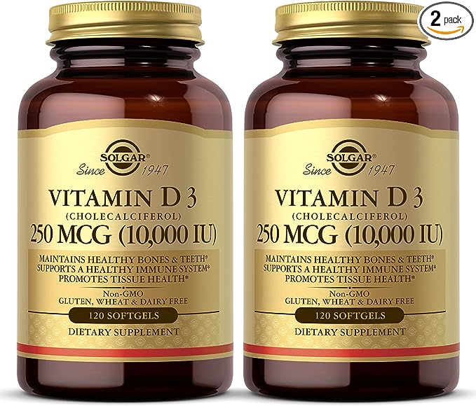 SOLGAR Витамин D3 (холекальциферол) 250 мкг (10 000 МЕ), 120 мягких таблеток — 2 упаковки, 120 капсул
