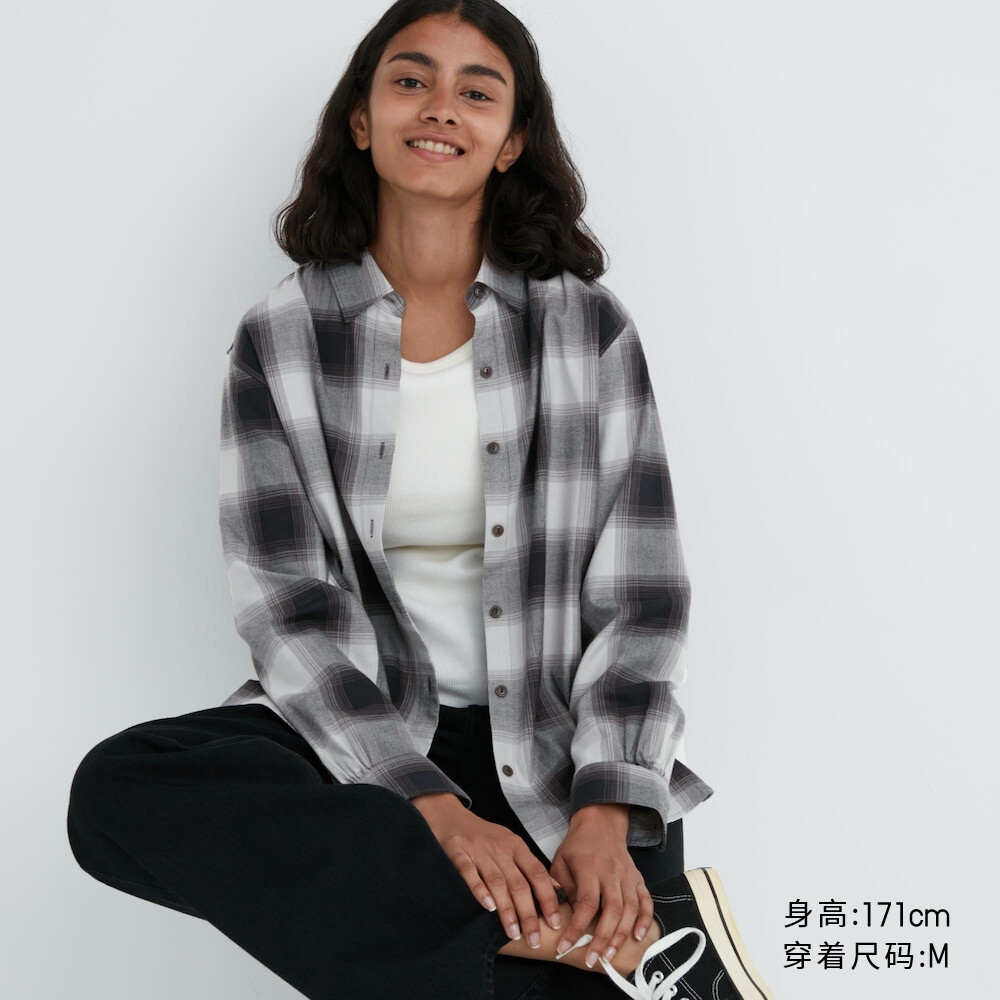 

Рубашка Uniqlo свободная в клетку с мягким начесом и длинными рукавами, серый