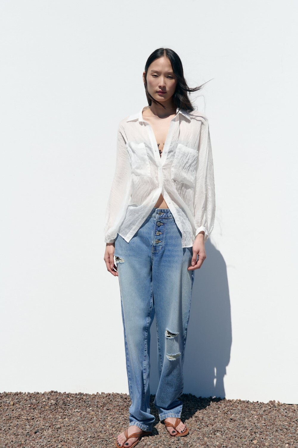 

Длинная полупрозрачная рубашка ZARA, белый