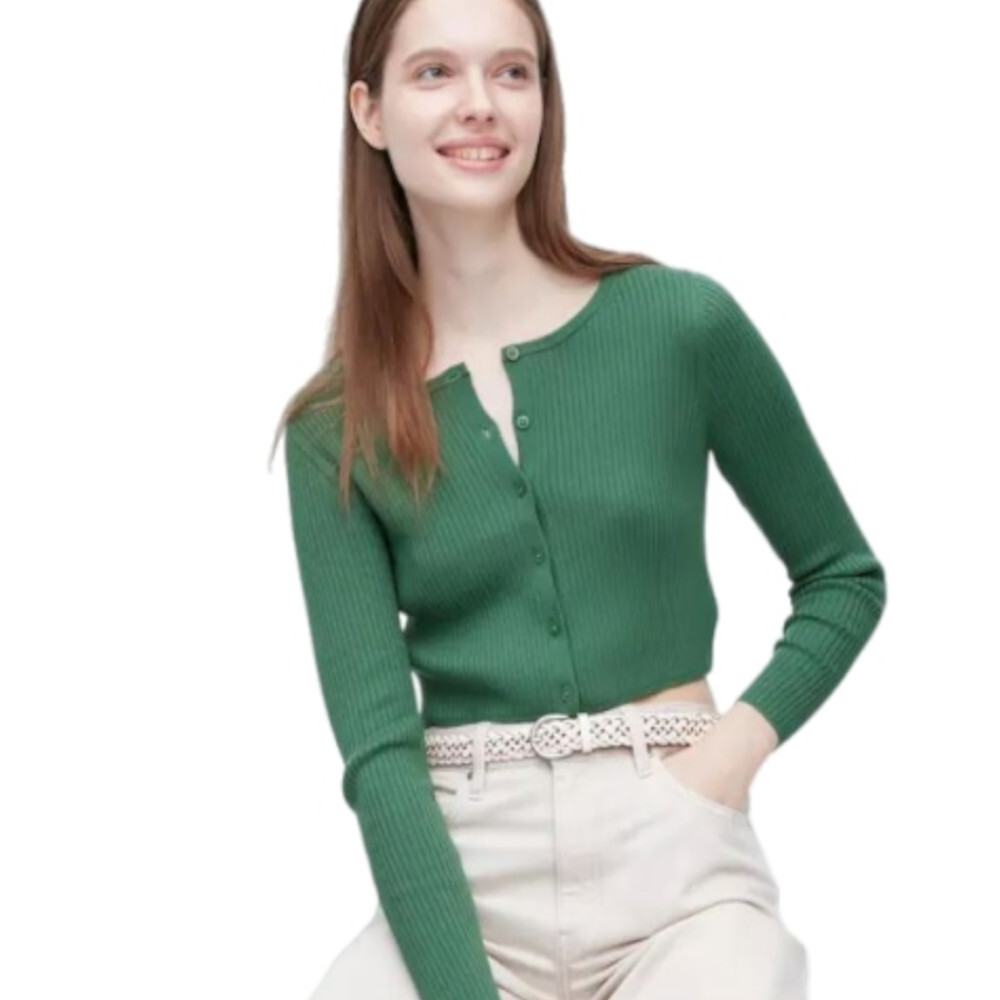 

Кардиган укороченный с круглым вырезом и длинными рукавами Uniqlo Crew Neck Long Sleeved Cropped Fit, зеленый