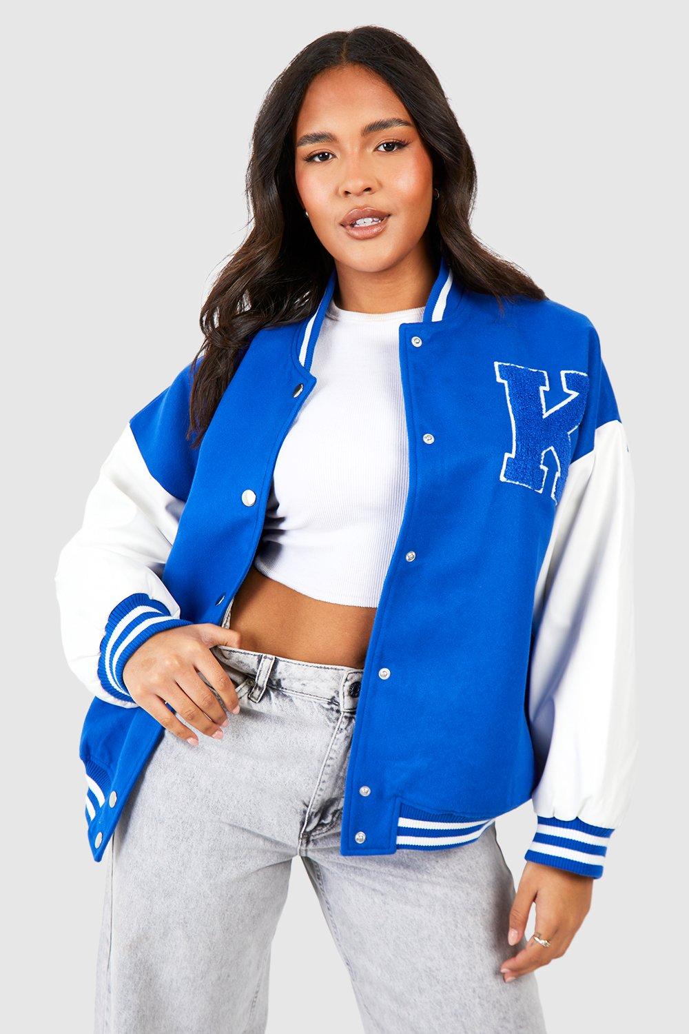 Куртка-бомбер Varsity Plus с рукавами из искусственной кожи boohoo, синий