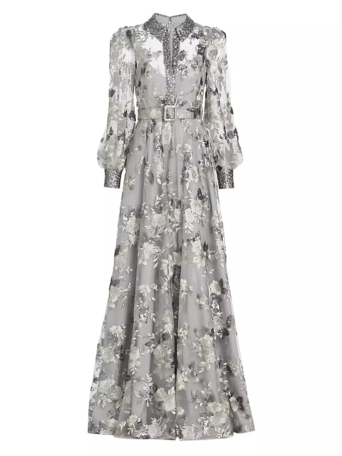 

Платье с цветочной аппликацией и блестками на воротнике Badgley Mischka, цвет silver