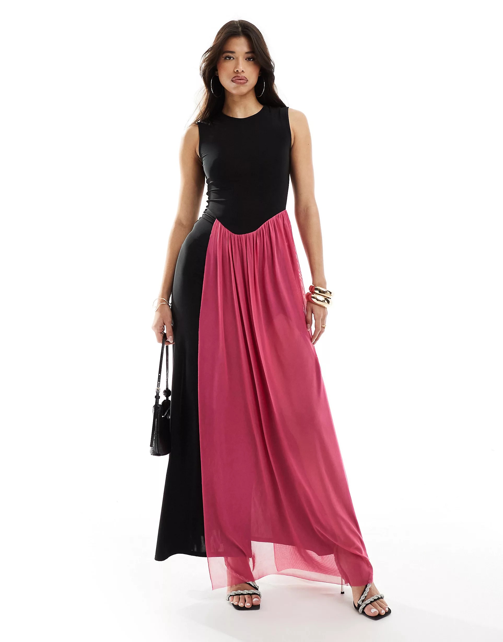 Платье макси Asos Sleeveless Drape Detail, черный/розовый