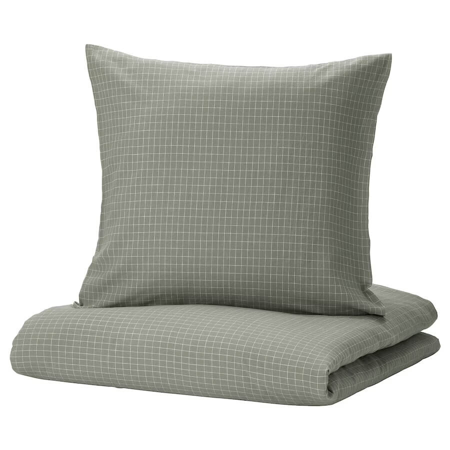 

Комплект постельного белья Ikea Akerfibbla, 3 предмета, 240x220/80x80 см, зеленовато-серый/клетка