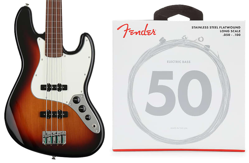 

Fender Player Fretless Jazz Bass — 3-тональные солнечные лучи с грифом Pau Ferro в комплекте со струнами Fender 9050ML из нержавеющей стали с плоской обмоткой для бас-гитары — .050–.100 Medium Light 0149933500=1 0739050405=1