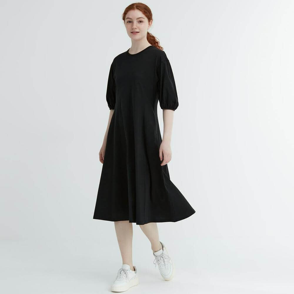 

Хлопковое платье Uniqlo Waist Lantern Sleeve For Commuting And Leisure, черный