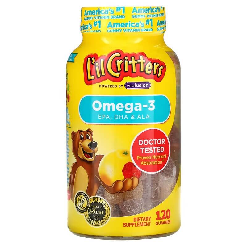 Омега-3 для детей L'il Critters, 120 жевательных конфет омега 3 35% мягкие жевательные капсулы полиен со вкусом малины или яблока или мультифрукт 90 шт