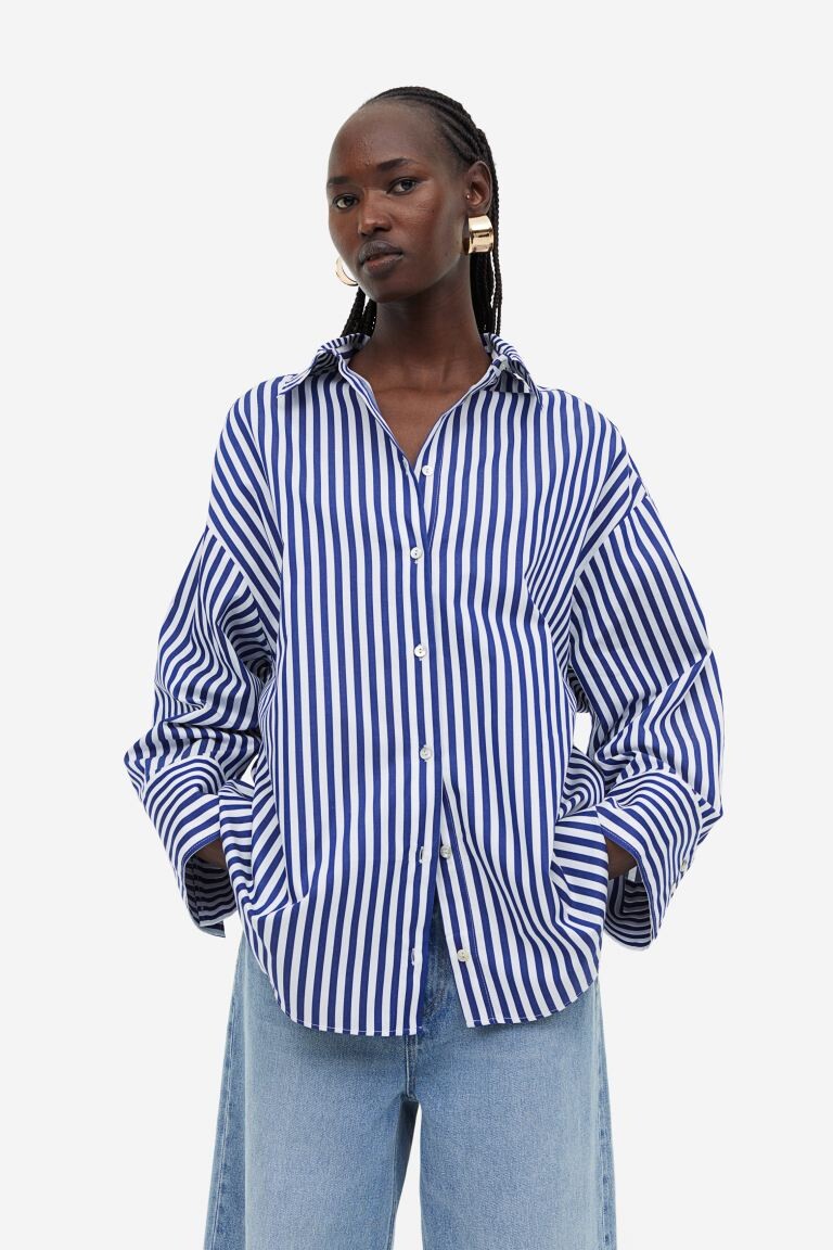 

Хлопковая рубашка оверсайз H&M, синий/полосатый