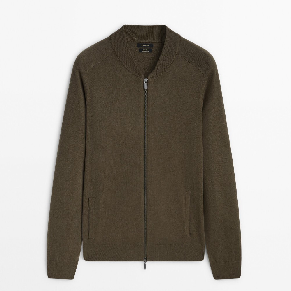 

Кардиган Massimo Dutti Wool And Cotton Blend Knit Zip-up, хаки