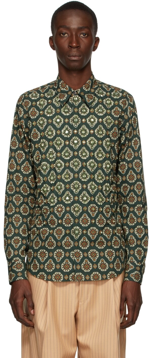 

Зеленая рубашка из поплина с украшением и принтом Dries Van Noten