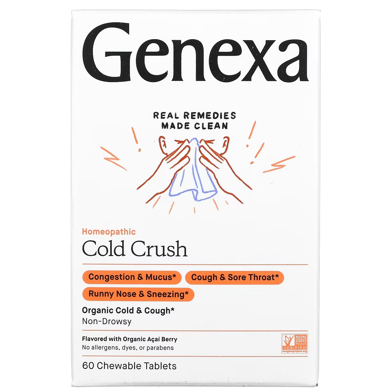 Средство от Простуды и Кашля Genexa Cold Crush, ягоды асаи, 60 жевательных таблеток
