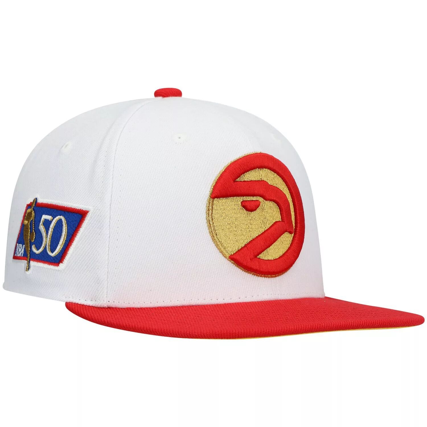 

Мужская кепка Snapback в честь 50-летнего юбилея Mitchell & Ness белого/красного цвета Atlanta Hawks Hardwood Classics