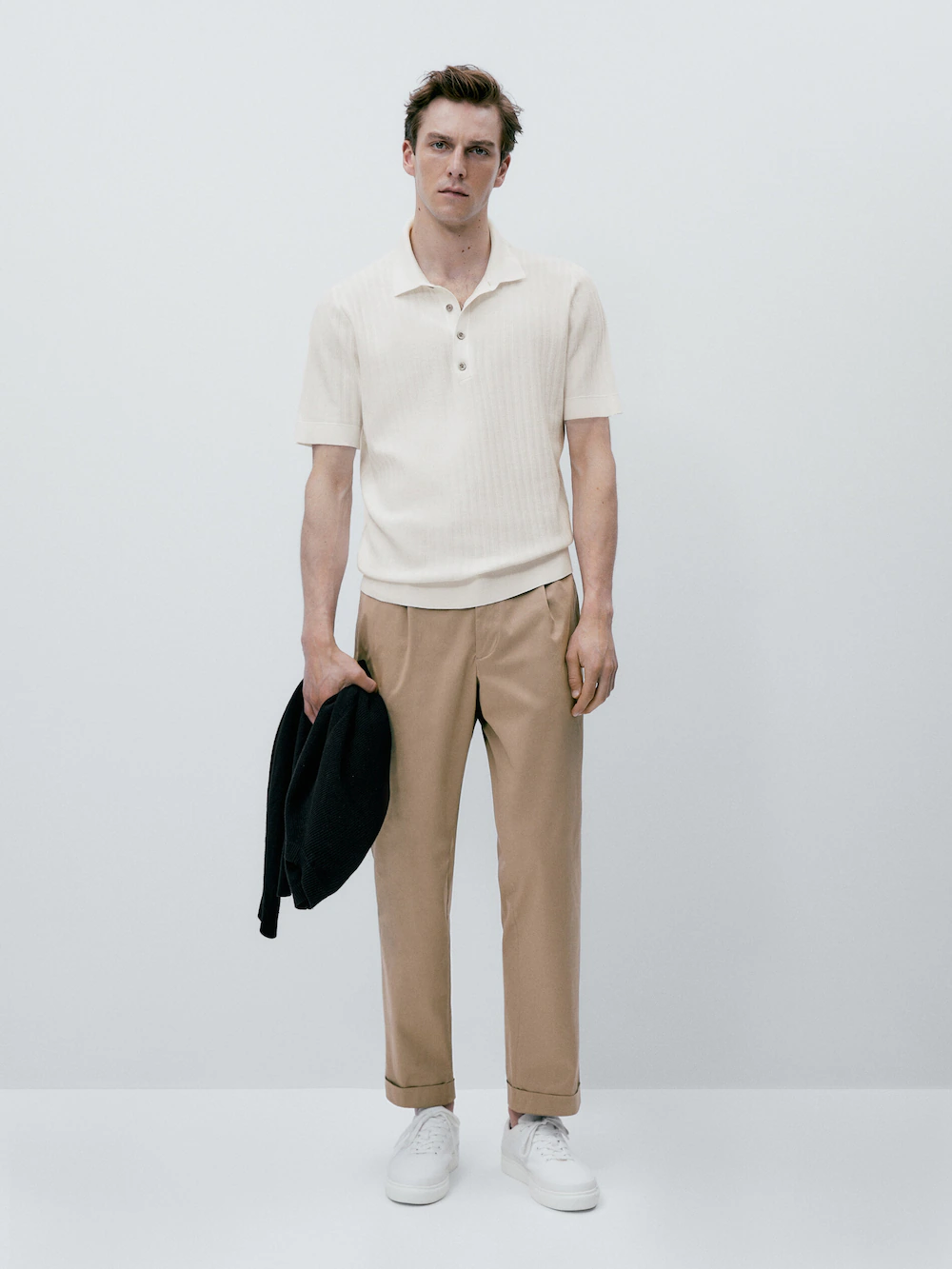 

Вертикальный трикотажный свитер поло Massimo Dutti, кремовый, Бежевый