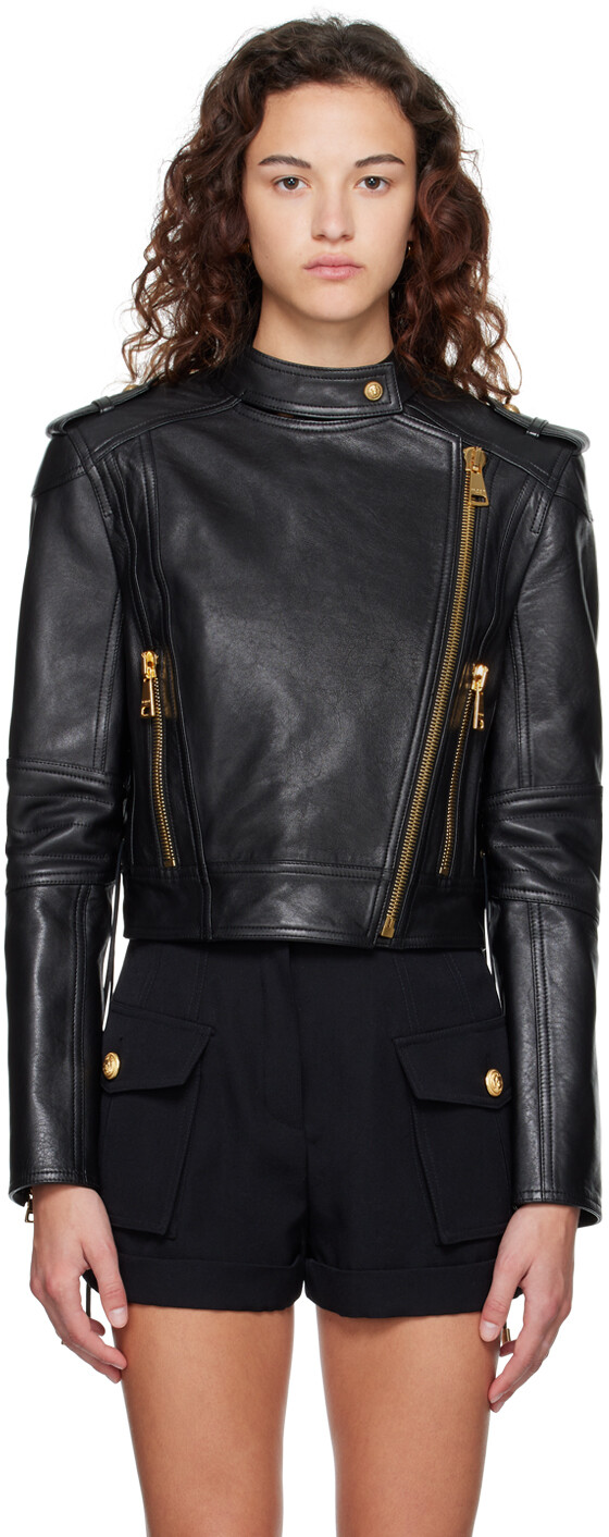 

Черная кожаная куртка на шнуровке Balmain, Черный;серый