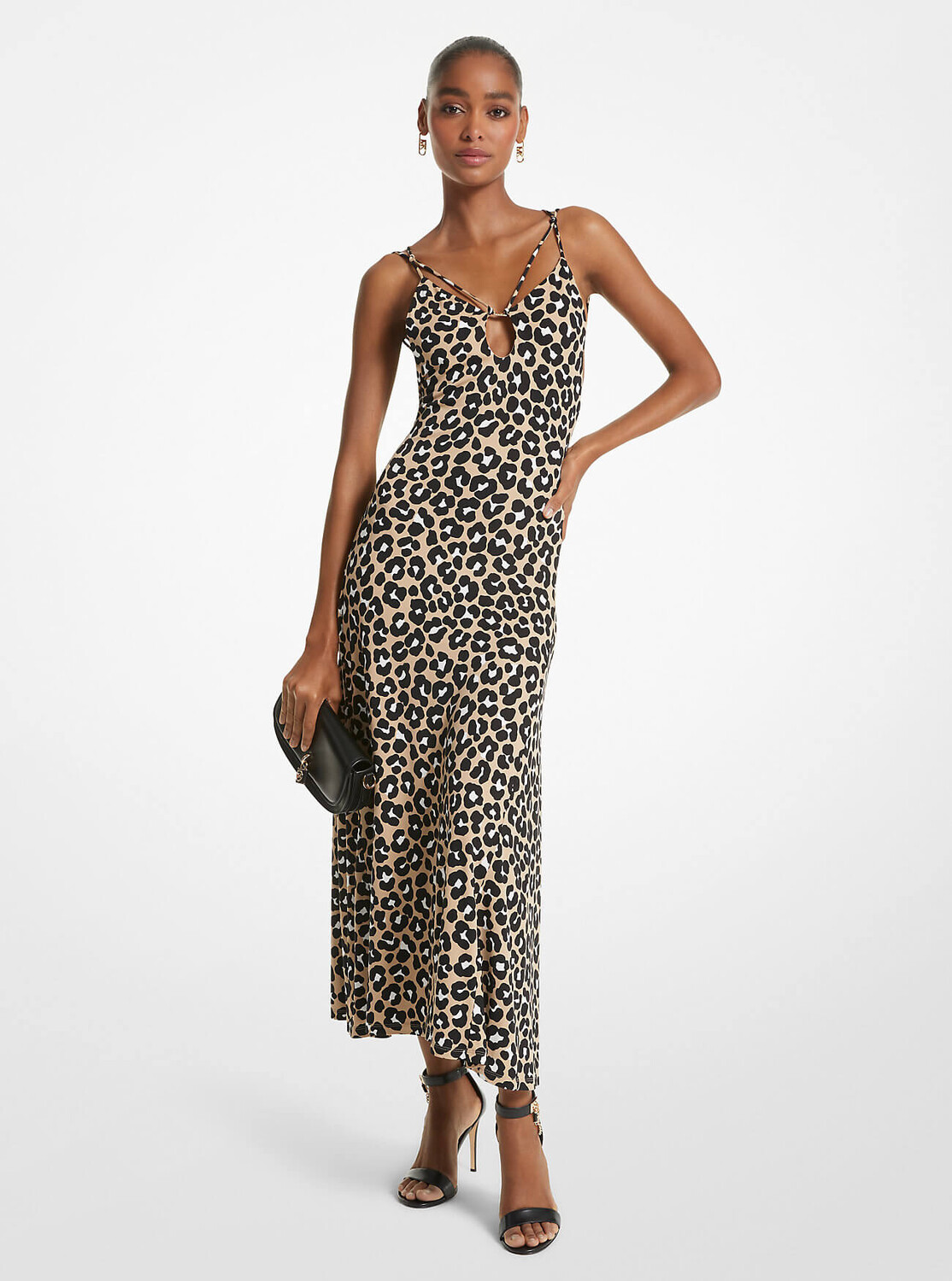 

Платье из матового джерси с леопардовым принтом MICHAEL Michael Kors Cutout Slip, бежевый/черный/белый