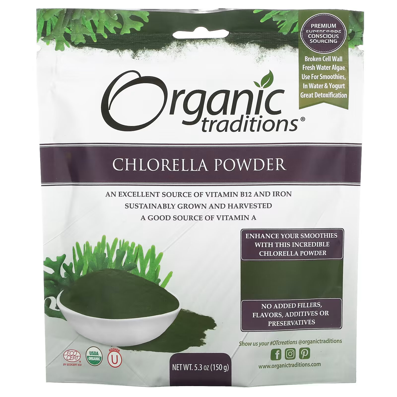 Organic Traditions, Хлорелла в порошке, 150 г (5,3 унции) organic traditions сушеная вишня 100 г 3 5 унции