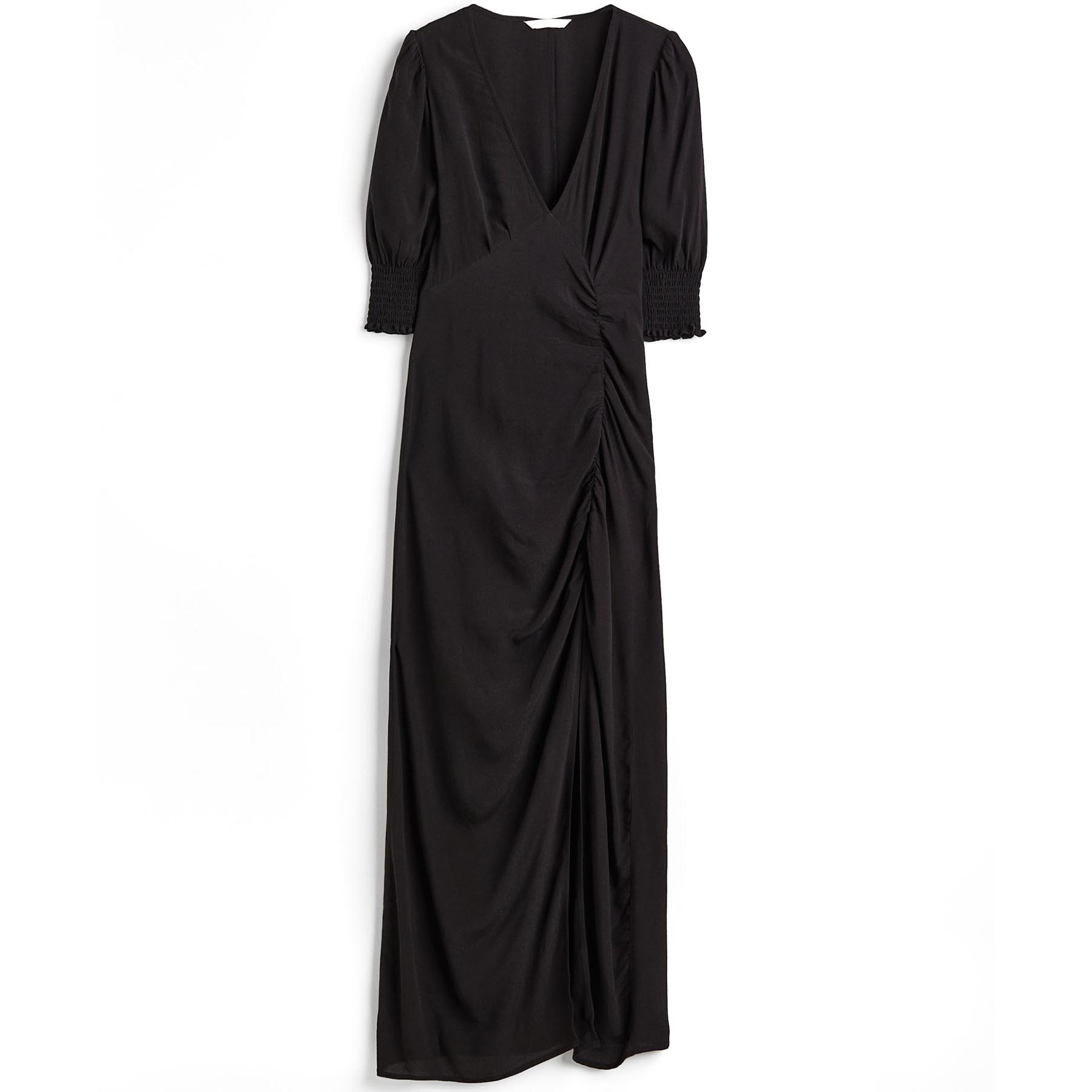 Платье H&M Puff-sleeved Creped, черный платье длинное с короткими рукавами l синий