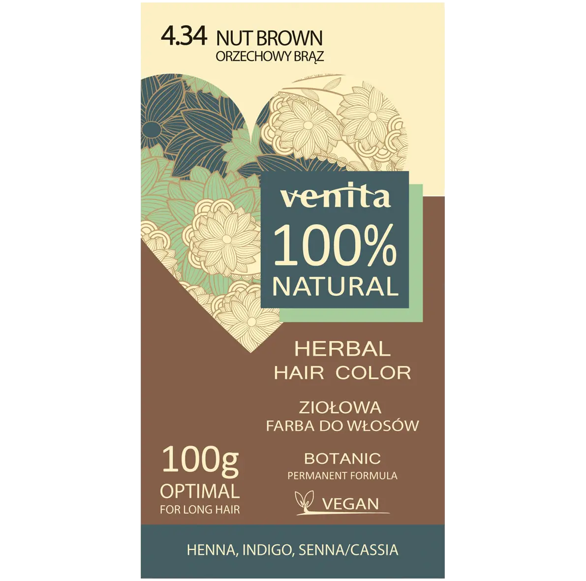 

Venita 100% Natural краска для волос травяная 4.34 ореховый коричневый, 100 г